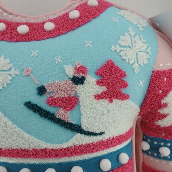 Cynthia Rowley Christmas Sweater Shape Throw Pillow 17" Ski Winter Pink - Picture 5 of 6